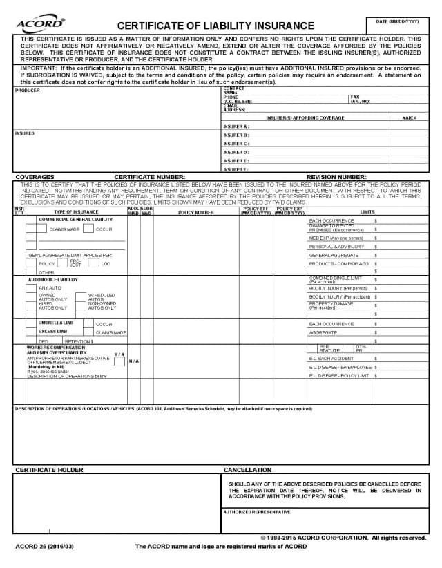 Certificate Of Liability Insurance