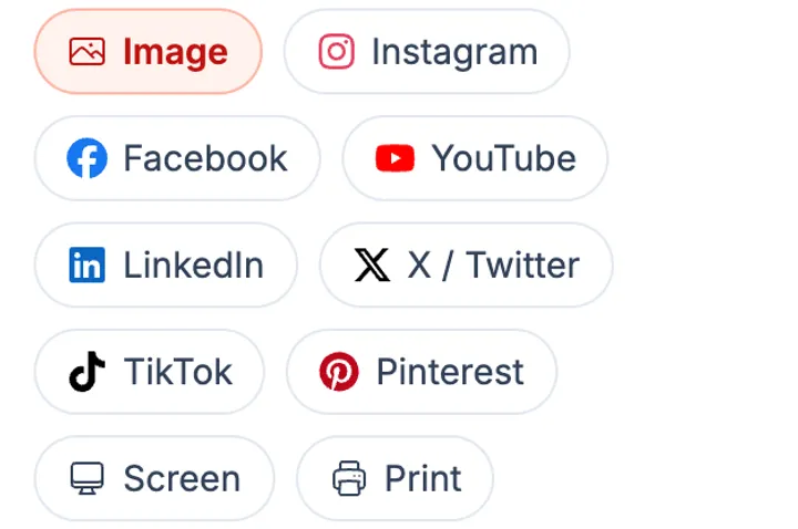 The editor's Resize panel with size groups for Instagram, Facebook, YouTube, LinkedIn, X, TikTok, Pinterest, screen and print
