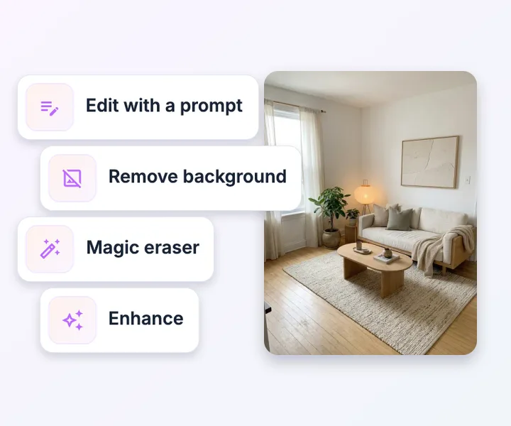 The editor's AI tools Edit with a prompt, Remove background, Magic eraser and Enhance, stacked beside a living room picture