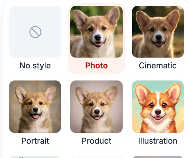 The editor's style picker with previews: No style, Photo, Cinematic, Portrait, Product and Illustration