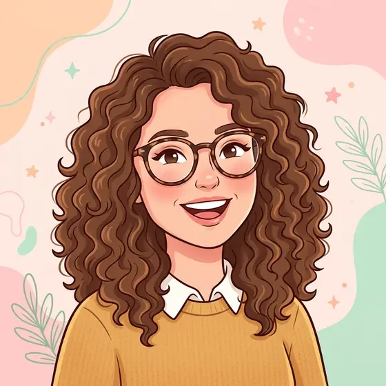 A friendly cartoon avatar of a smiling woman with curly hair and round glasses, pastel background