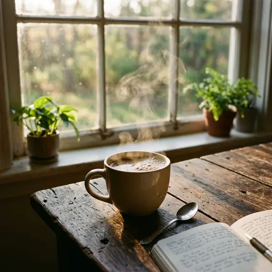 A cup of coffee on a wooden table by a window, morning light, steam rising