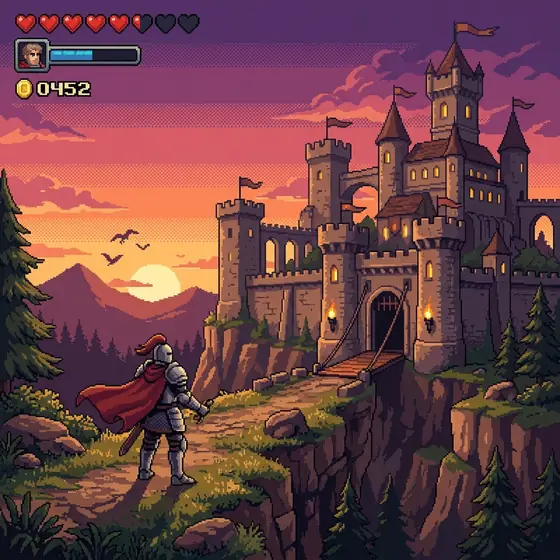 A pixel art game scene of a knight standing in front of a castle at sunset