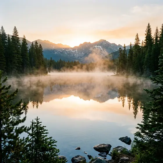 A calm mountain lake at sunrise with mist over the water and pine trees