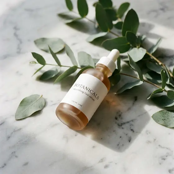 A bottle of skincare serum on a marble surface with eucalyptus leaves and soft shadows, studio photo