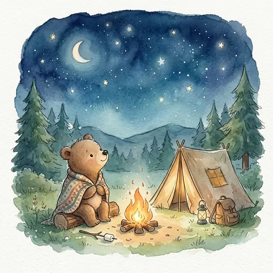 A children's book illustration of a little bear camping under the stars, soft watercolor